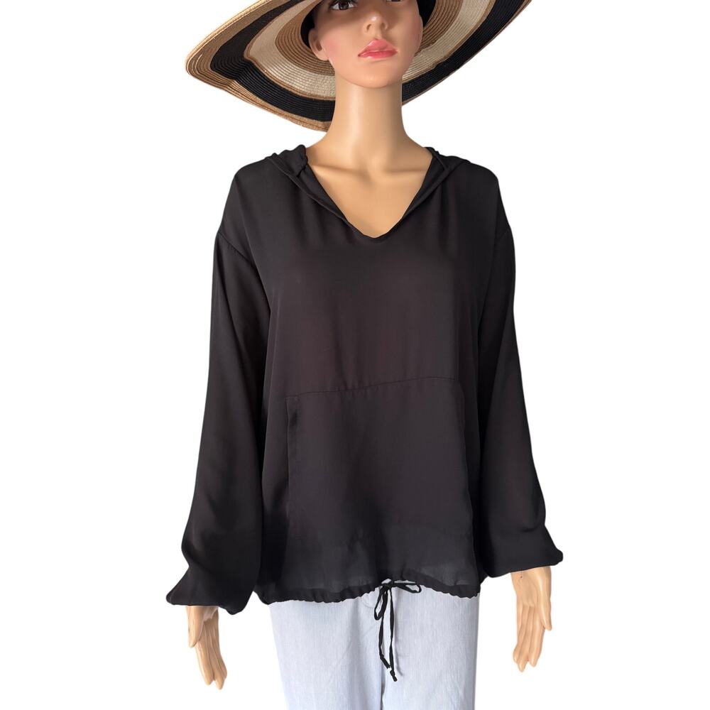 Karen Kane Black Semi Sheer Hoodie Blouse, Women's Size M
